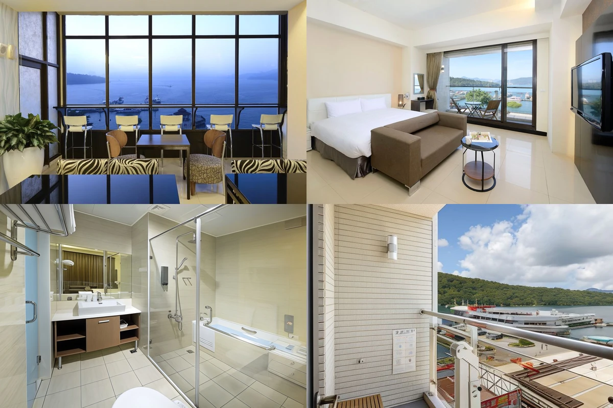 Hu Yue Lakeview Hotel collage: Lake-view dining area, Lake View Double Room, Bathroom of the Lake View Double Room, Balcony listed with the Deluxe Lake View Double Room.