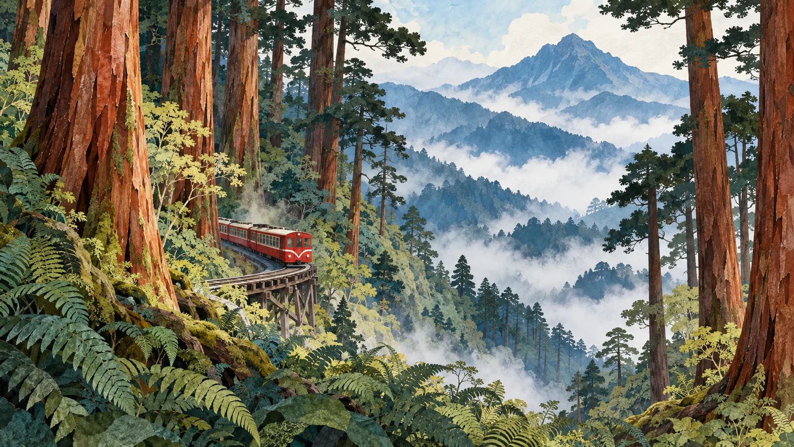 Original conceptual illustration of cypress forest and a small red train at Alishan